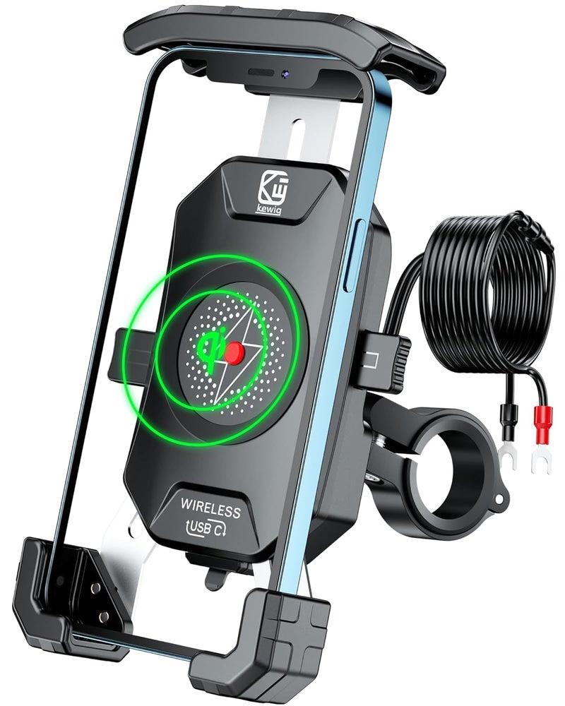 BRCOVAN Motorcycle Phone Mount with USB C & Wireless Charger, One-Hand Operation Motorcycle Phone Holder with Aluminum Alloy Handlebar Mounting Base Fit 4'' - 7'' Cellphones, IP66 Waterproof - Image 1