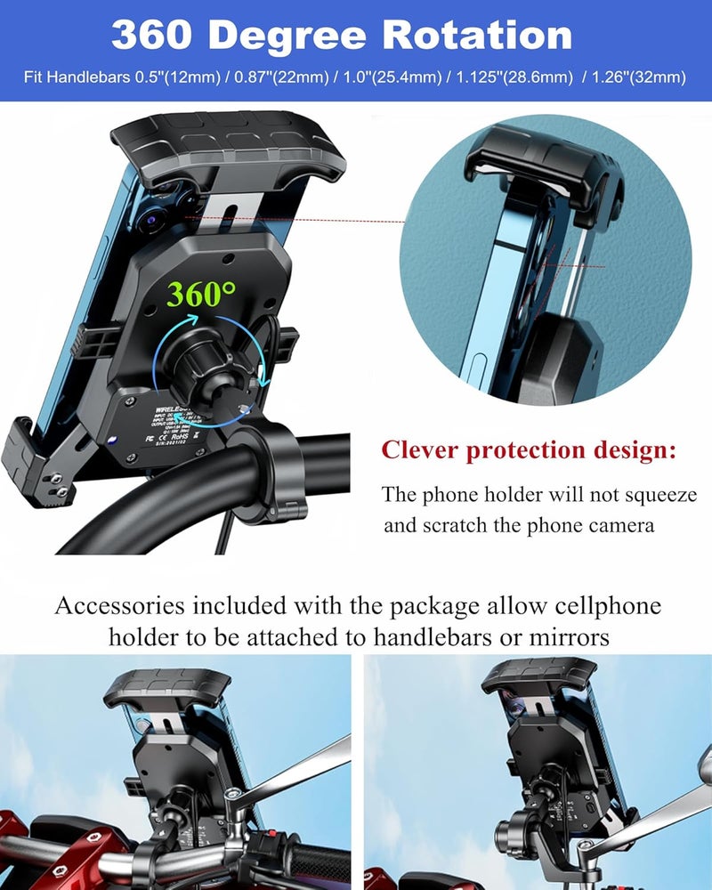 BRCOVAN Motorcycle Phone Mount with USB C & Wireless Charger, One-Hand Operation Motorcycle Phone Holder with Aluminum Alloy Handlebar Mounting Base Fit 4'' - 7'' Cellphones, IP66 Waterproof - Image 4