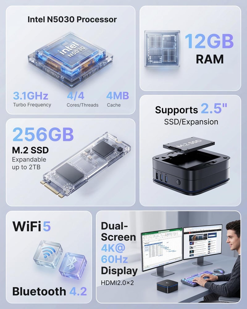 NiPoGi AK1PLUS كمبيوتر مصغر، مع معالج Intel N5030 ونظام ويندوز 11 برو وذاكرة RAM سعة 12 جيجابايت وقرص SSD سعة 256 جيجابايت (4 أنوية/4 خيوط، بسرعة تصل إلى 3.1 جيجاهرتز)، ومنفذ HDMI مع دعم شاشة مزدوجة بدقة 4K فائقة الوضوح، وواي فاي 5 / بلوتوث 4.2 - Image 2