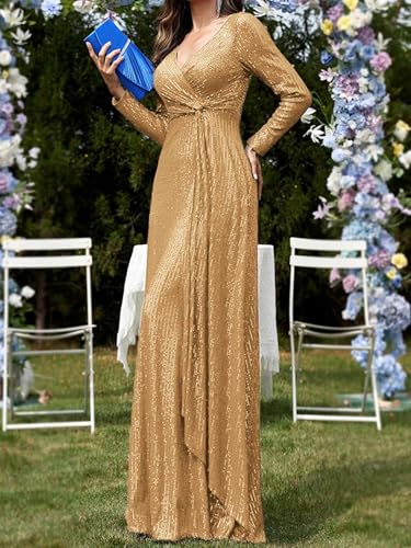 meilun Gold Long Sleeve Sequin Dress for Women Formal Evening Gowns Sparkly V Neck Maxi Dress for Wedding Guest,XL - Image 4