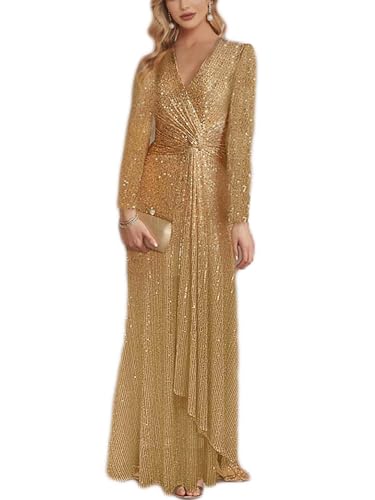 meilun Gold Long Sleeve Sequin Dress for Women Formal Evening Gowns Sparkly V Neck Maxi Dress for Wedding Guest,XL - Image 1