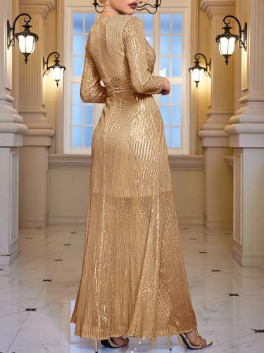 meilun Gold Long Sleeve Sequin Dress for Women Formal Evening Gowns Sparkly V Neck Maxi Dress for Wedding Guest,XL - Image 5