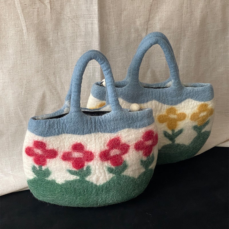 Send You A Little Red Flower Cute Wool Felt Bag Nepal Imported Handmade Large-Capacity Handbag - Image 4