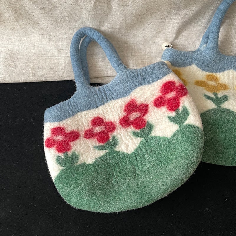 Send You A Little Red Flower Cute Wool Felt Bag Nepal Imported Handmade Large-Capacity Handbag - Image 3