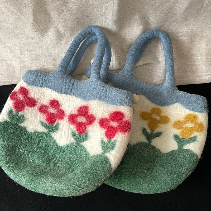 Send You A Little Red Flower Cute Wool Felt Bag Nepal Imported Handmade Large-Capacity Handbag - Image 2