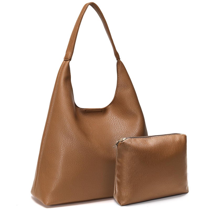 Pelimoo Hobo Bags for Women, Soft Vegan Leather Shoulder Handbags, Slouchy Tote Purses for Work, Travel, School (Brown) - Image 1