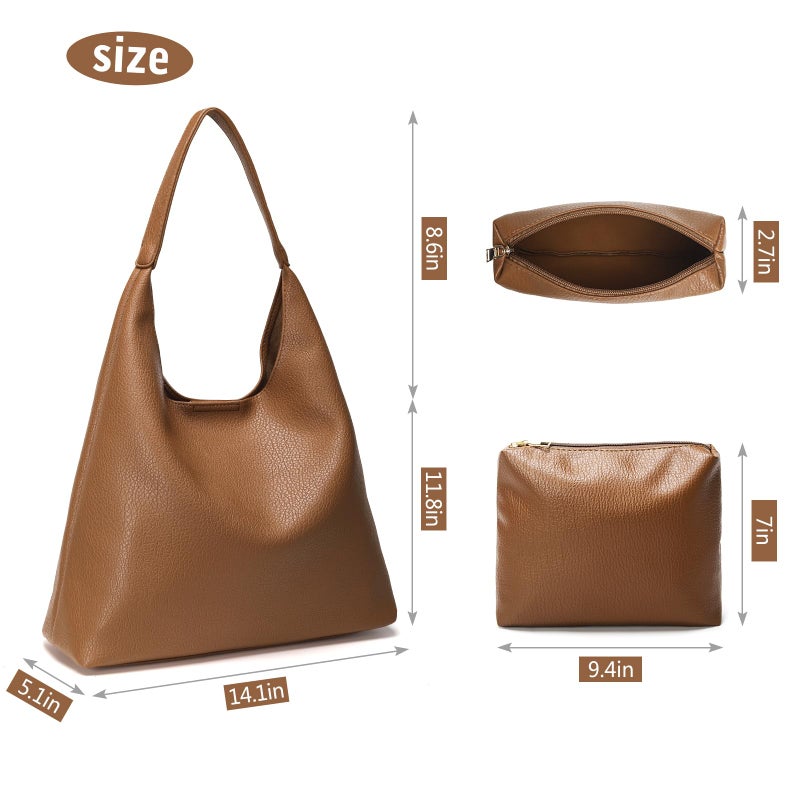 Pelimoo Hobo Bags for Women, Soft Vegan Leather Shoulder Handbags, Slouchy Tote Purses for Work, Travel, School (Brown) - Image 4