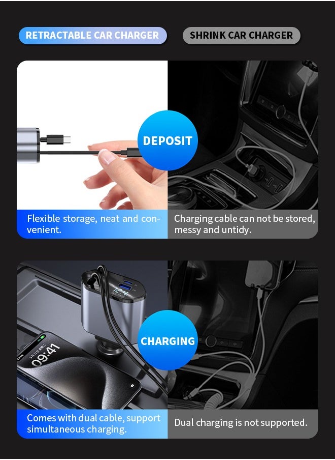 Generic - 4-in-1 Retractable Car Charger with Intelligent Fast Charging, supports 4 devices simultaneously, compatible with Mobile Phones/Earphones/Tablets - Image 1