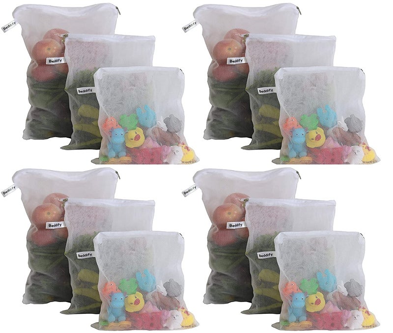 Beddify Set of 24 Reusable Fridge Storage Bags for Vegetables and Fruits with Zipper Dual Layer Mesh Net Multipurpose Multi-Size Kitchen Storage Bags Organizer (White) - Image 1
