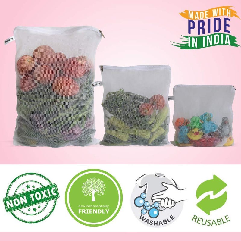Beddify Set of 24 Reusable Fridge Storage Bags for Vegetables and Fruits with Zipper Dual Layer Mesh Net Multipurpose Multi-Size Kitchen Storage Bags Organizer (White) - Image 4
