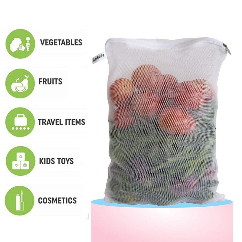 Beddify Set of 24 Reusable Fridge Storage Bags for Vegetables and Fruits with Zipper Dual Layer Mesh Net Multipurpose Multi-Size Kitchen Storage Bags Organizer (White) - Image 3