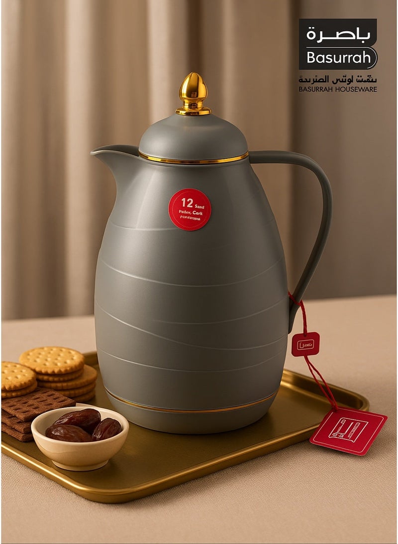 BASURRAH Luxury Gray Tea and Coffee Thermos, 1 Liter Capacity – Keeps Drinks Hot for 12 Hours and Cold for 24 Hours – Modern Pot with Elegant Golden Touch for Hospitality and Daily Use - Image 1
