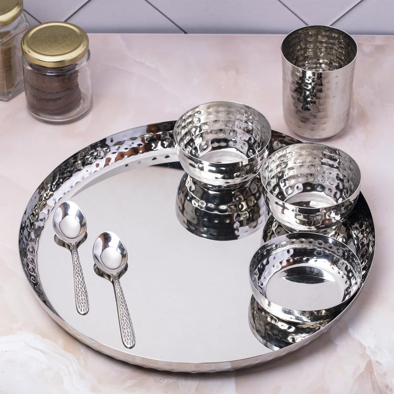 Ramson Maharaja Hammered Dinner Set Stainless Steel Thali 7pcs |1 Plate, 2 Vati, 1 Pudding Plate, 1 Glass, 2 Dinner Spoon - Image 1