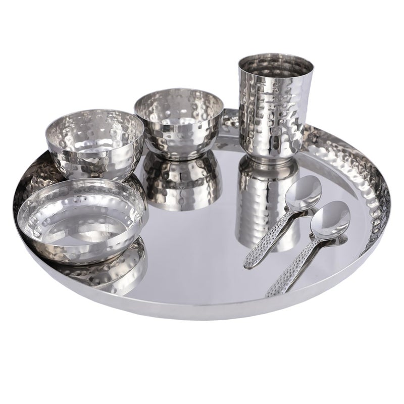 Ramson Maharaja Hammered Dinner Set Stainless Steel Thali 7pcs |1 Plate, 2 Vati, 1 Pudding Plate, 1 Glass, 2 Dinner Spoon - Image 2