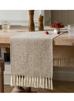 Arabest Rustic Table Runner with Handmade Tassels, Brown Burlap Style Farmhouse Table Runners, Long Woven Dining Table Runner for Party Holiday Daily Use  - Image 1