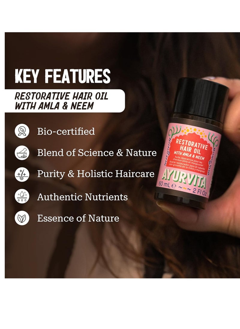 AYURVITA - Restorative Hair Oil - Amla for Strengthening & Neem for Preventing Dryness and Dandruff - For Dry, Damaged Hair Growth - For Men & Women - 2 fl oz - Image 1