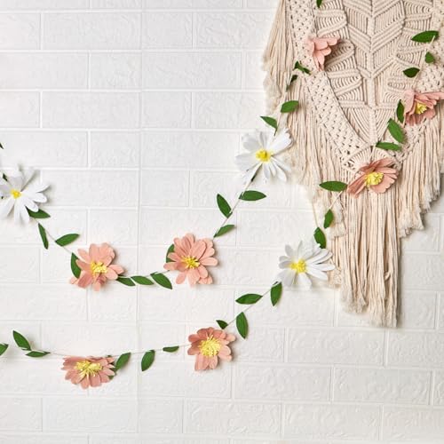 EASY JOY Crepe Paper Flowers Banner White Blush Pink Paper Flower Banner Spring Hanging Paper Flower Garland Paper Leaves Banner for Spring Birthday Wedding Home Decorations - Image 1