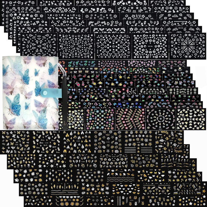Zoance 102 Sheets Nail Art Stickers & Storage Book,5200 Pieces 3D Self-Adhesive White Floral Nail Stickers with Rhinestones Designs,Multicolor Laser Gold Nail Decals for Women DIY Manicure Decorations - Image 1