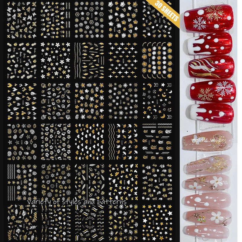 Zoance 102 Sheets Nail Art Stickers & Storage Book,5200 Pieces 3D Self-Adhesive White Floral Nail Stickers with Rhinestones Designs,Multicolor Laser Gold Nail Decals for Women DIY Manicure Decorations - Image 3