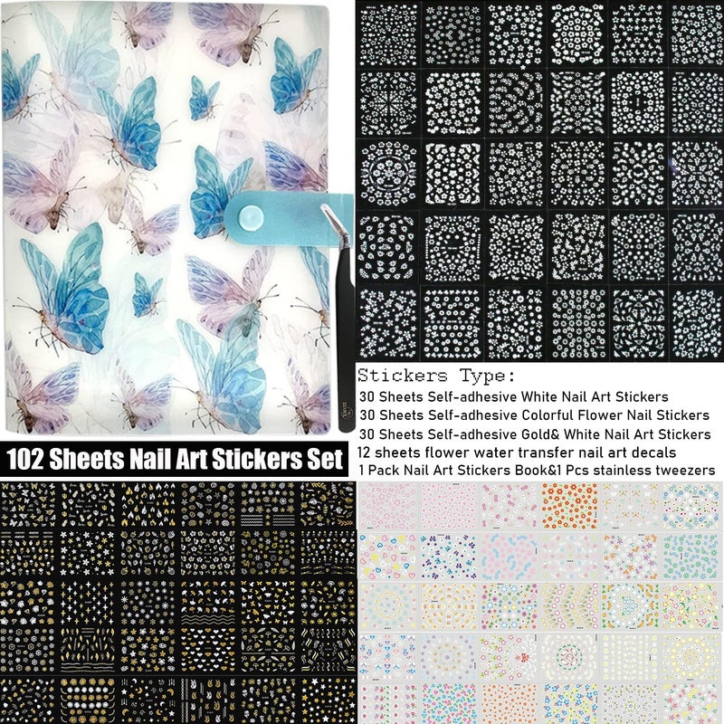 Zoance 102 Sheets Nail Art Stickers & Storage Book,5200 Pieces 3D Self-Adhesive White Floral Nail Stickers with Rhinestones Designs,Multicolor Laser Gold Nail Decals for Women DIY Manicure Decorations - Image 2