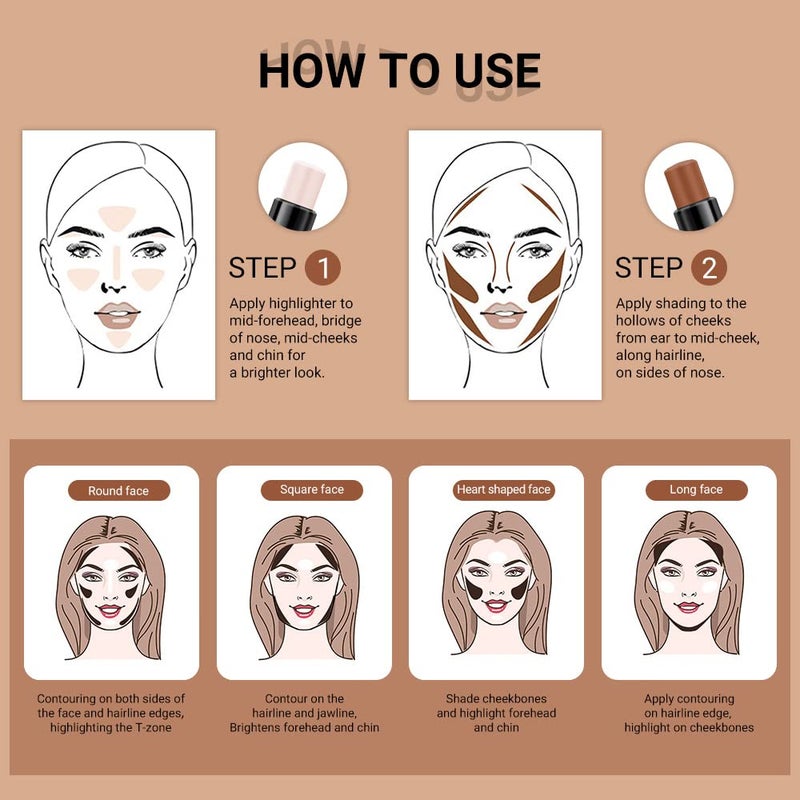 evpct 4 Colors Contour Stick Makeup Set, Cream Concealer Stick Contouring Palette Makeup Kit for Beginners, Nose Bronzer Sticks, Liquid Face Highlighter Make up contorno maquillaje, 01+03 - Image 5