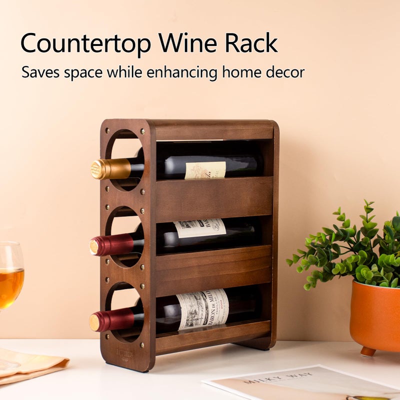 Satu Brown Wine Rack Countertop Pine Wood Wine Bottle Holder, 3 Bottles Wine Rack for Inside Cabinet, Pantry, Kitchen Bar, Wine Holder Shelf Vertical Wine Storage Perfect for Home Decor Housewarming Gifts - Image 2