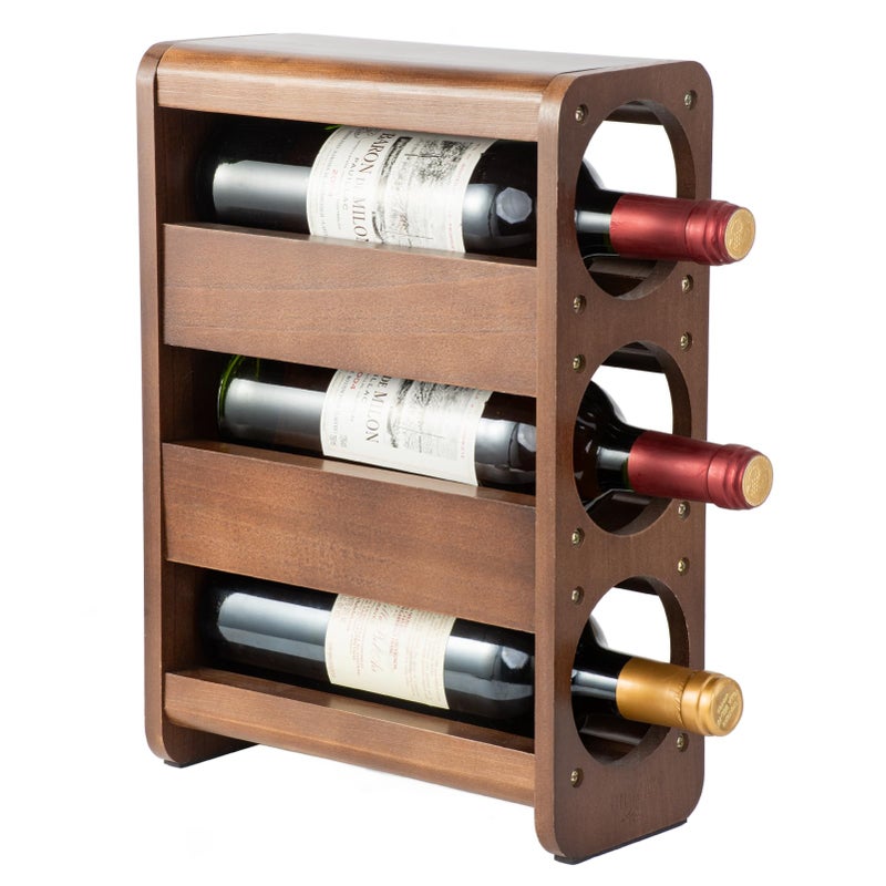 Satu Brown Wine Rack Countertop Pine Wood Wine Bottle Holder, 3 Bottles Wine Rack for Inside Cabinet, Pantry, Kitchen Bar, Wine Holder Shelf Vertical Wine Storage Perfect for Home Decor Housewarming Gifts - Image 1