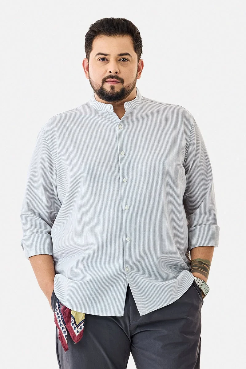 SNITCH Linen Blend Stripes Plus Size Mandarin Shirt