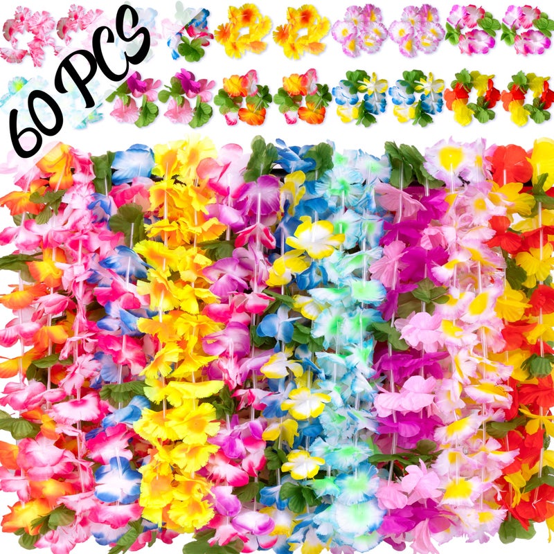 Moon Boat 60 Pieces Hawaiian Luau Leis - Tropical Tiki Hibiscus Flowers for Summer Pool Party Favors Supplies Decorations - 10 Styles - Image 1