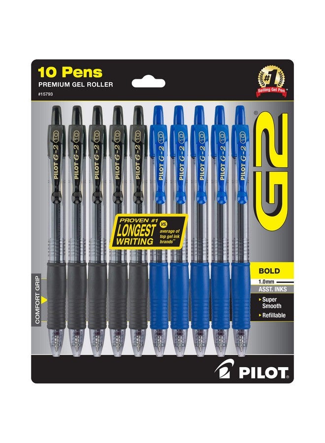 PILOT G2 Bold, Premium Gel Pens, Bulk Pack Of 10 Pilot G2 Pens, 5 Black G-2 & 5 Blue Ink, 1.0Mm Medium Point, Retractable Rolling Ball, Office & School Pens For Women & Men. - Image 1