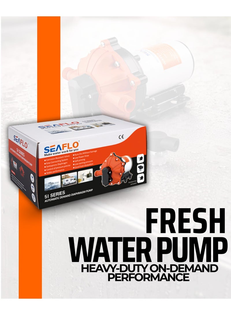 SEAFLO 51 New Series DC Diaphragm Water Pump 12V/24V | 5.0 GPM RV Marine Washdown Pump | 60 PSI Heavy-Duty On-Demand Pump - Image 2