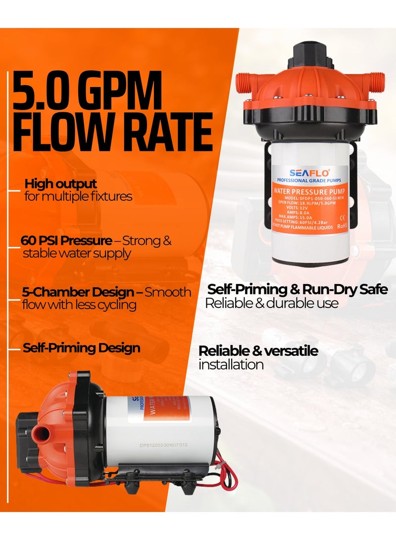 SEAFLO 51 New Series DC Diaphragm Water Pump 12V/24V | 5.0 GPM RV Marine Washdown Pump | 60 PSI Heavy-Duty On-Demand Pump - Image 3