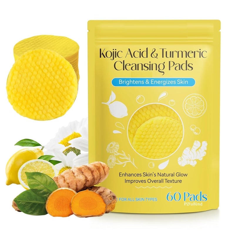 PiyuBind Kojic Acid and Turmeric Cleansing Pads - 60 Count, Mild and Non-Irritating, Suitable for All Skin Types, Gentle Exfoliating Facial Pads - Image 1