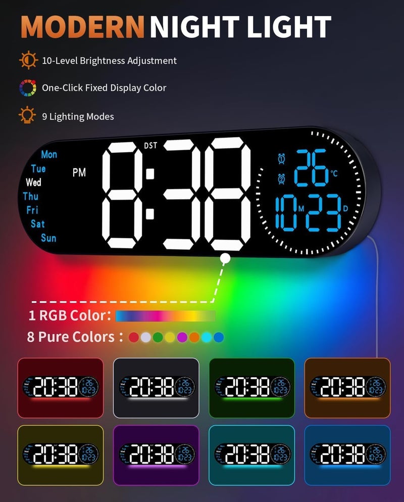 Large LED Digital Wall Clock with Clear Screen with Remote Control – Time, Date & Temperature Display – Multicolor Night Light – Dual Alarm – Auto & Manual Brightness – USB Powered - Image 4
