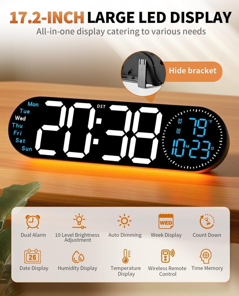 Large LED Digital Wall Clock with Clear Screen with Remote Control – Time, Date & Temperature Display – Multicolor Night Light – Dual Alarm – Auto & Manual Brightness – USB Powered - Image 2