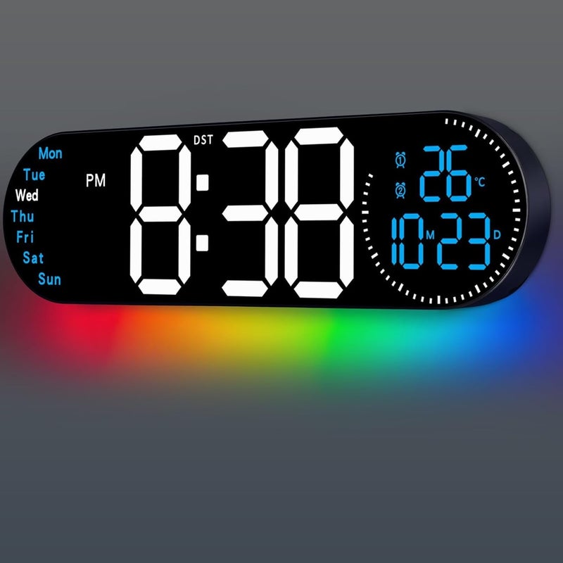 Large LED Digital Wall Clock with Clear Screen with Remote Control – Time, Date & Temperature Display – Multicolor Night Light – Dual Alarm – Auto & Manual Brightness – USB Powered - Image 1