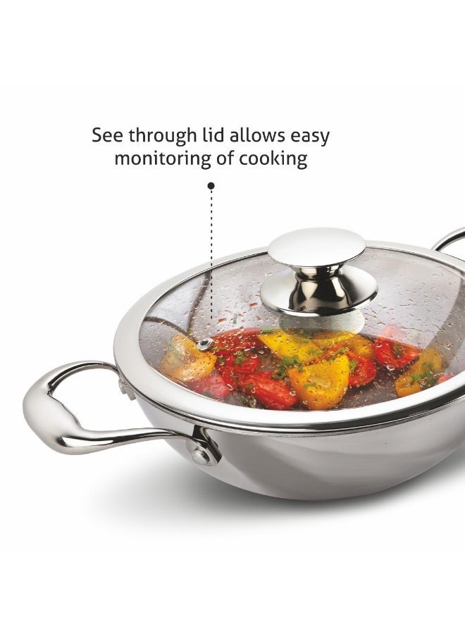 Alda Vitale Triply Stainless Steel Wok Pan with Glass Lid 24cm, 2.7 LTR - Image 2