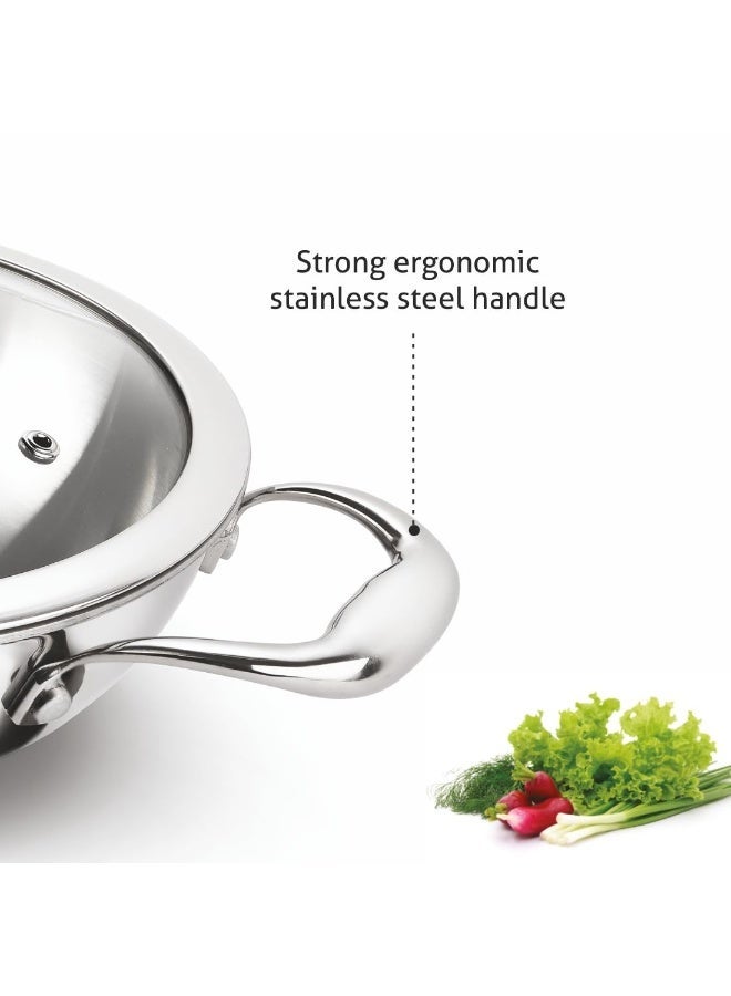 Alda Vitale Triply Stainless Steel Wok Pan with Glass Lid 24cm, 2.7 LTR - Image 3