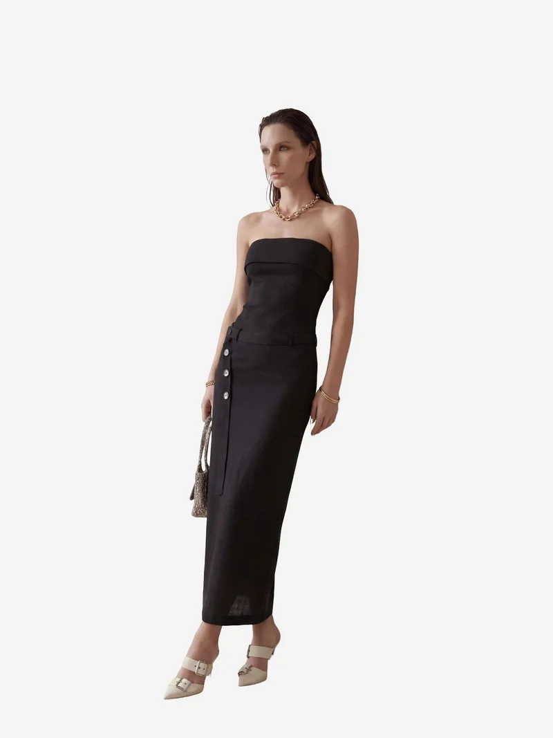 MY FASHION Black MY FASHION Strapless Maxi Dress with Belt for Women | Best Price UAE