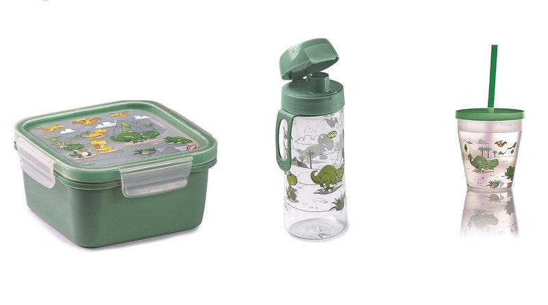 Genaric Snips Set of Three glass with straw and lid + Insulated Bottle 0.50 lt + Lunchbox with dinosaur Decoration, bpa free, made in italy