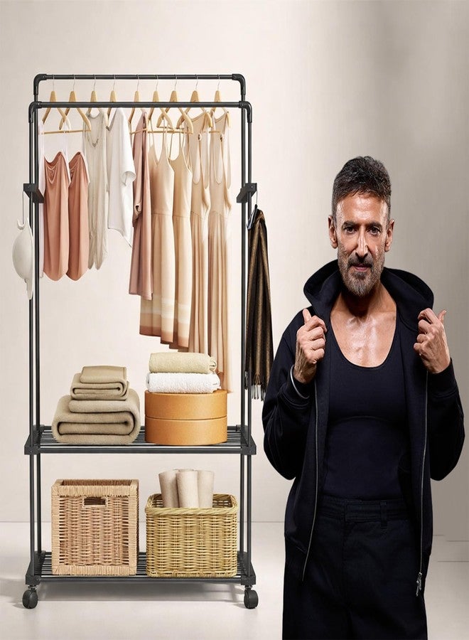 Ada Premium Metal Dual Layer Garment Rack On Wheels, Multifunctional Clothes Rail With 10 Side Hooks And 2 Lower Shelves - Black (83 X 31 X 156Cm) - Image 1