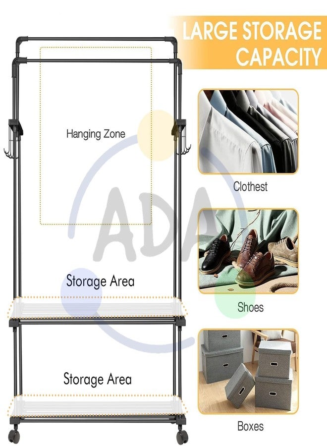 Ada Premium Metal Dual Layer Garment Rack On Wheels, Multifunctional Clothes Rail With 10 Side Hooks And 2 Lower Shelves - Black (83 X 31 X 156Cm) - Image 4