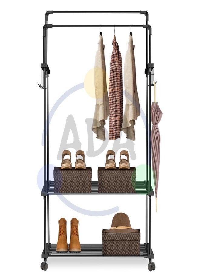 Ada Premium Metal Dual Layer Garment Rack On Wheels, Multifunctional Clothes Rail With 10 Side Hooks And 2 Lower Shelves - Black (83 X 31 X 156Cm) - Image 2