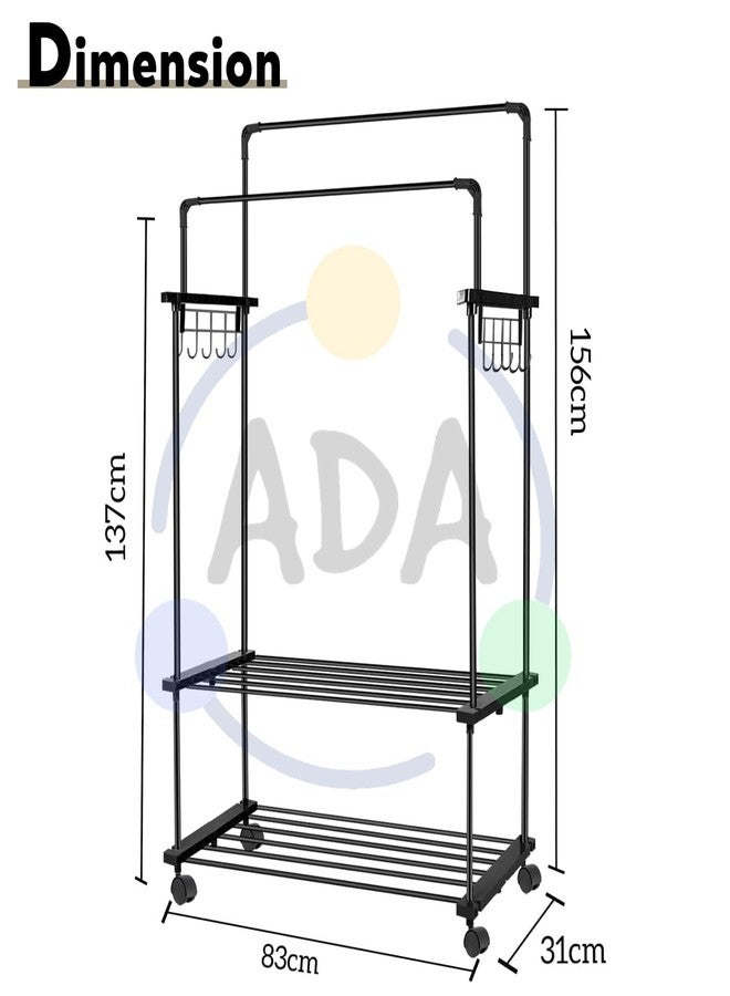 Ada Premium Metal Dual Layer Garment Rack On Wheels, Multifunctional Clothes Rail With 10 Side Hooks And 2 Lower Shelves - Black (83 X 31 X 156Cm) - Image 5