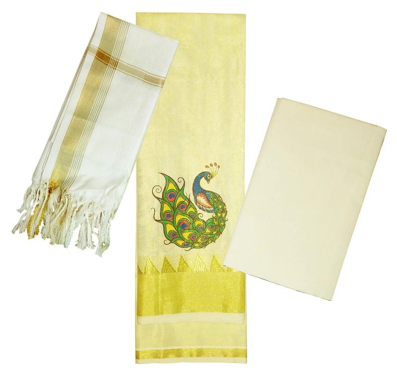 YETTALAN® Women's Kerala Traditional Unstitched Gold Tissue Material Salwar Suit Mural Printed Kurta Set (PEACOCK) - Image 1