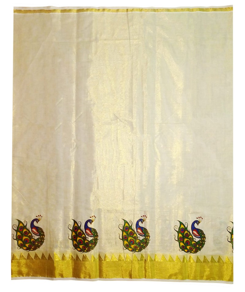 YETTALAN® Women's Kerala Traditional Unstitched Gold Tissue Material Salwar Suit Mural Printed Kurta Set (PEACOCK) - Image 5
