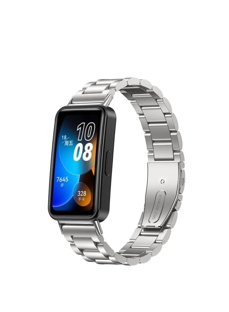 Metal Strap Compatible with Huawei Band 8, Stainless Steel Replacement Band with Folding Clasp Silver - Image 2
