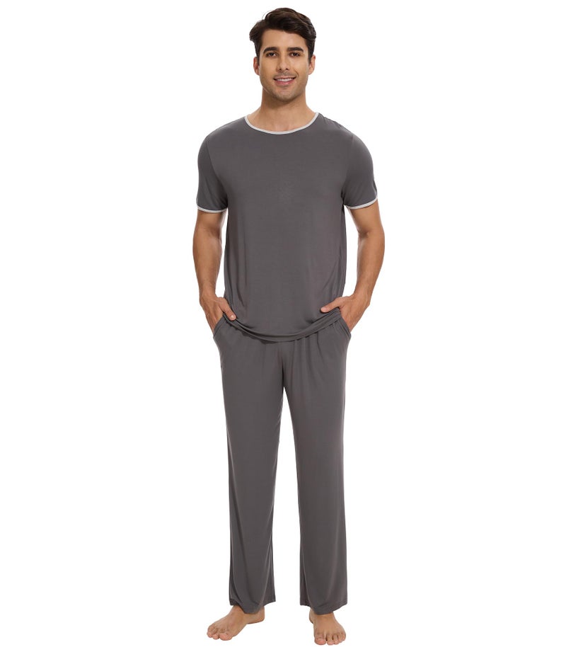 WiWi Mens Pajamas Set Viscose from Bamboo Sleepwear Casual Soft Sleep Sets with Pockets Short Sleeve Loungewear SXXL Dark Grey Small