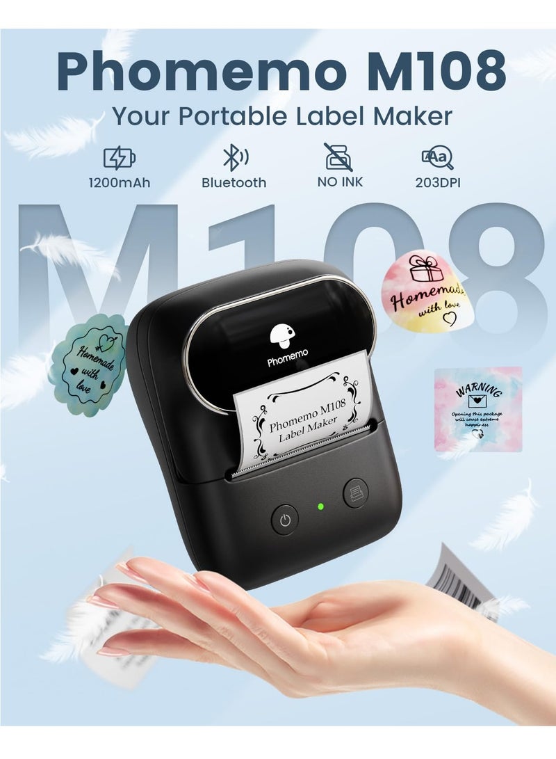 phomemo M108 Label Maker - Bluetooth Address Label Makers for Small Business, Home, Office, 2 Inch Barcode Label Printer with 300+ Templates, Sticker Printer for Address/Logo/Clothing Label, Black - Image 2