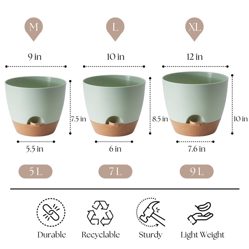TYMENSH Plant Pots 12/10/9 inch Set of 3, Self Watering Flower Pots Indoor Outdoor, Planters with Drainage Hole Saucer Reservoir, Green - Image 2